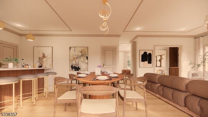 Dining room, Interior, Living room, Pendant Lights, Recessed Lighting, Wood Texture Flooring
