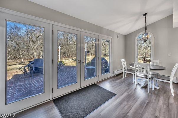 Chandelier, Dining room, Interior, Wood Texture Flooring