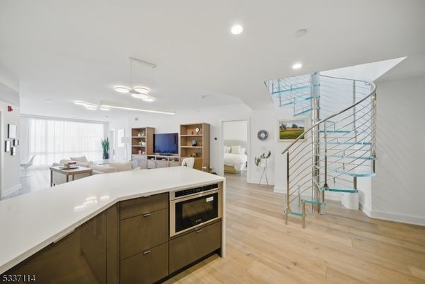 Interior, Kitchen, Living room, Pendant Lights, Recessed Lighting, Wood Texture Flooring