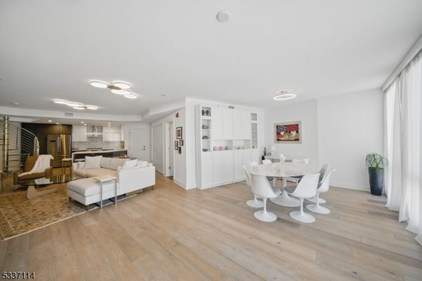 Dining room, Interior, Kitchen, Living room, Recessed Lighting, Wood Texture Flooring