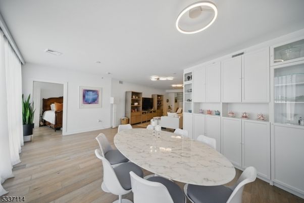 Dining room, Interior, Pendant Lights, Wood Texture Flooring