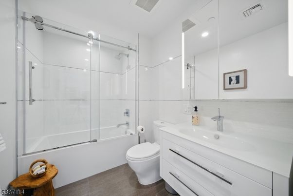 Bathroom, Glass Shower, Interior, Recessed Lighting, Wood Texture Flooring