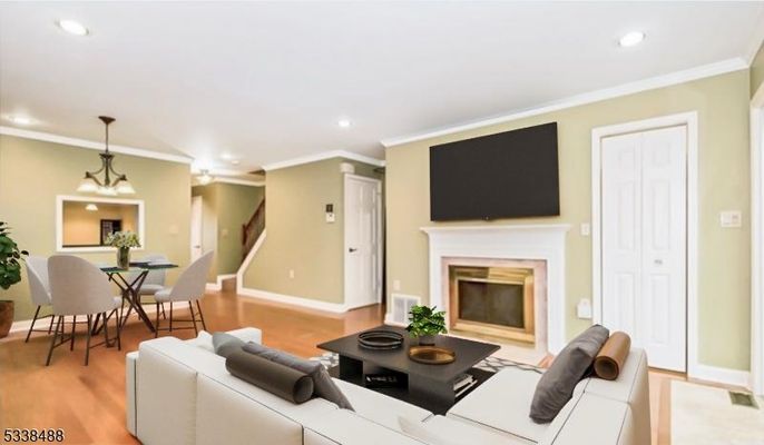 Chandelier, Dining room, Fireplace, Interior, Living room, Recessed Lighting, Wood Texture Flooring