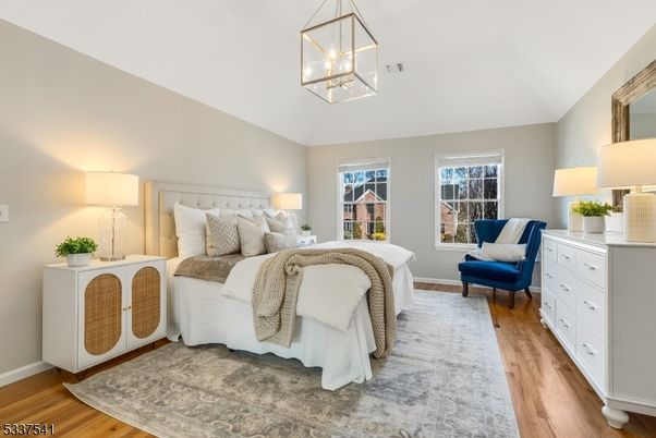 Bedroom, Interior, Pendant Lights, Wood Texture Flooring