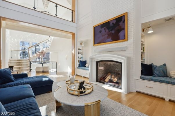 Fireplace, Interior, Living room, Pendant Lights, Wood Texture Flooring