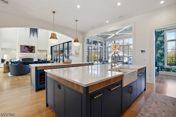 Fireplace, Interior, Kitchen, Living room, Pendant Lights, Recessed Lighting, Wood Texture Flooring