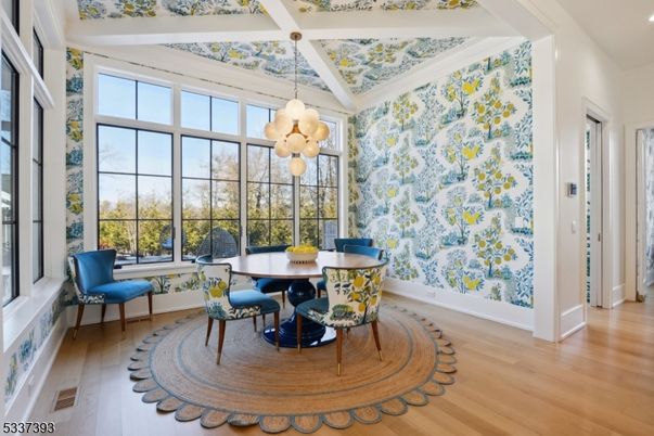 Dining room, Interior, Pendant Lights, Wood Texture Flooring