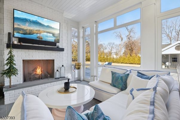 Fireplace, Interior, Living room, Recessed Lighting, Stone Walls