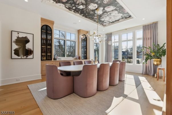 Dining room, Interior, Living room, Pendant Lights, Recessed Lighting, Wood Texture Flooring