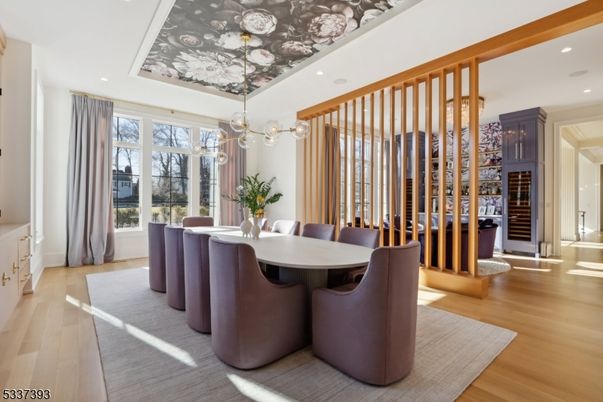 Dining room, Interior, Pendant Lights, Recessed Lighting, Wine Storage, Wood Texture Flooring