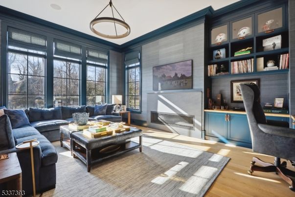 Fireplace, Home Office, Interior, Living room, Pendant Lights, Wood Texture Flooring