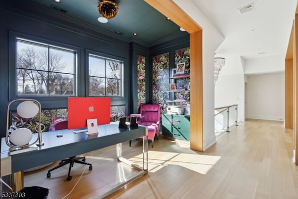 Chandelier, Home Office, Interior, Recessed Lighting, Wood Texture Flooring