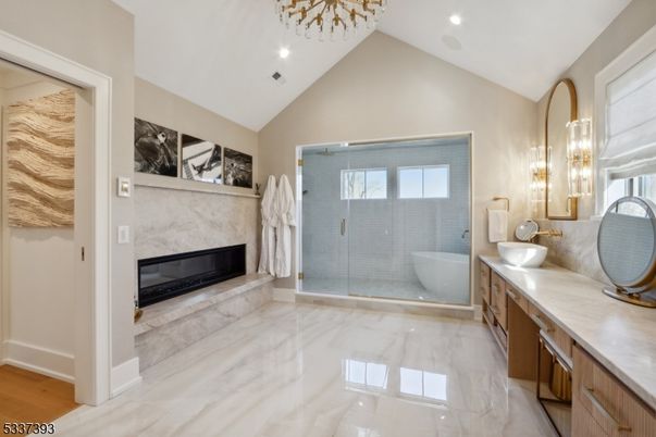 Bathroom, Fireplace, Free Standing Baths, Glass Shower, Interior, Marble, Recessed Lighting