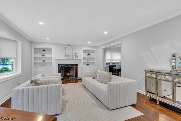 Fireplace, Interior, Living room, Recessed Lighting, Wood Texture Flooring