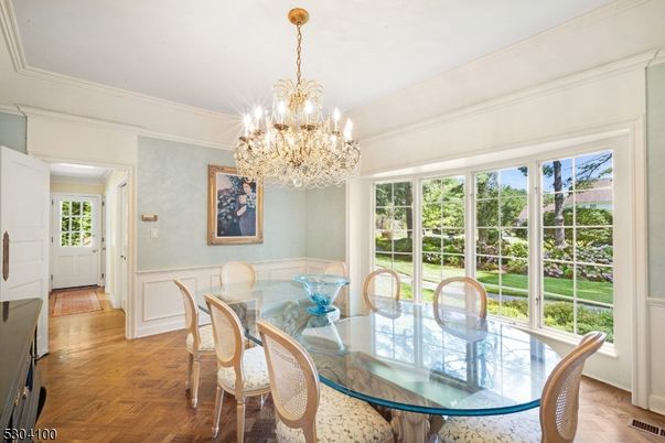 Chandelier, Dining room, Interior, Wood Texture Flooring