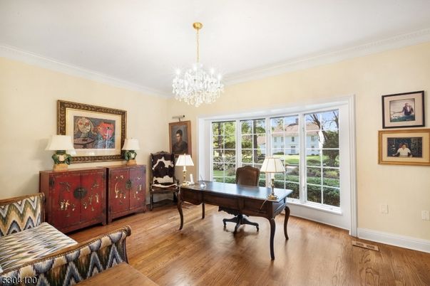 Chandelier, Home Office, Interior, Wood Texture Flooring