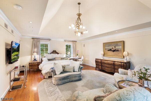 Bedroom, Chandelier, Interior, Recessed Lighting, Wood Texture Flooring