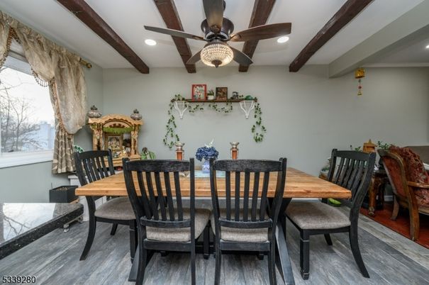 Dining room, Interior, Recessed Lighting, Wooden Beams, Wood Texture Flooring