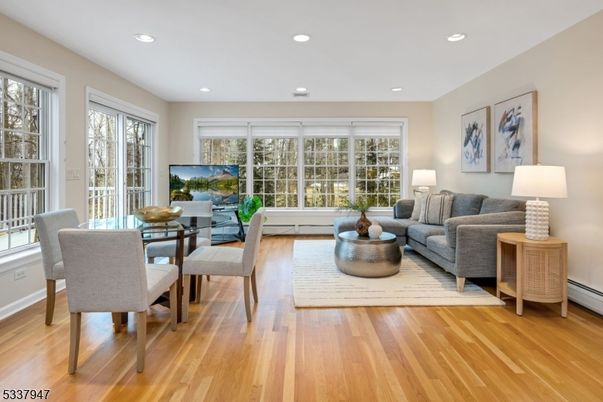 Dining room, Interior, Living room, Recessed Lighting, Wood Texture Flooring