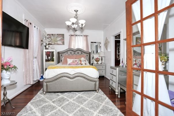 Bedroom, Chandelier, Interior, Wood Texture Flooring