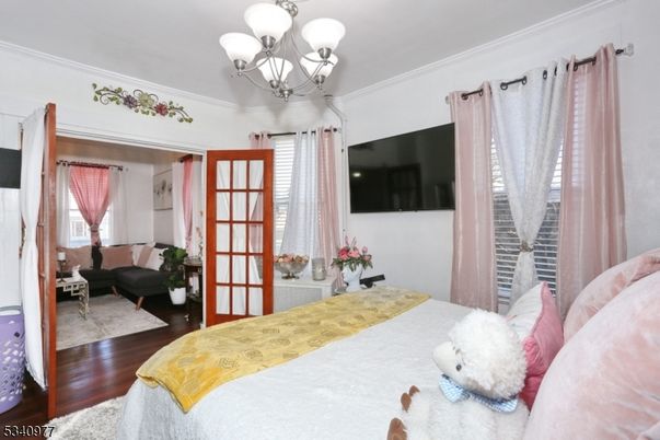 Bedroom, Chandelier, Interior, Wood Texture Flooring