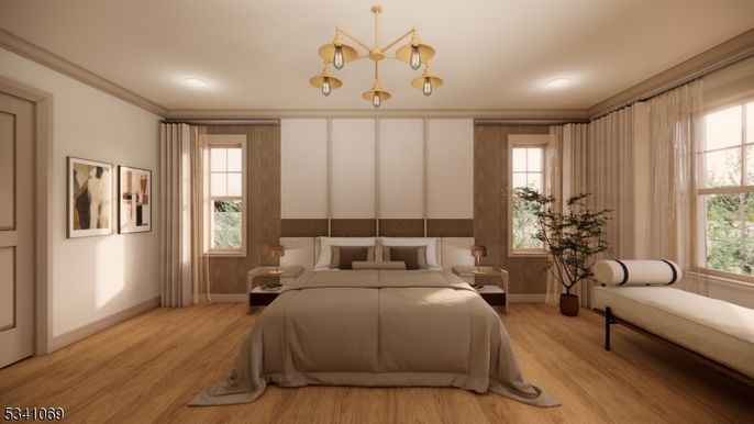 Bedroom, Chandelier, Interior, Recessed Lighting, Wood Texture Flooring