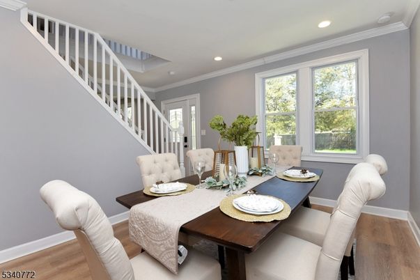Dining room, Interior, Recessed Lighting, Wood Texture Flooring
