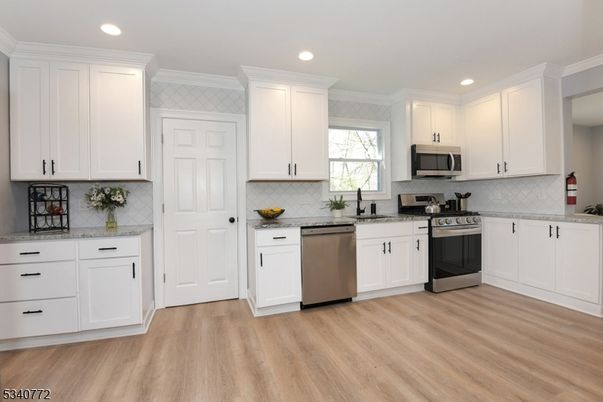 Interior, Kitchen, Recessed Lighting, Stainless Steel Appliances, Wood Texture Flooring