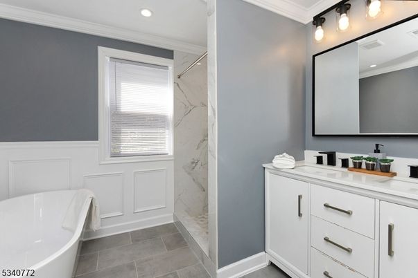 Bathroom, Free Standing Baths, Glass Shower, Interior, Marble Walls, Recessed Lighting