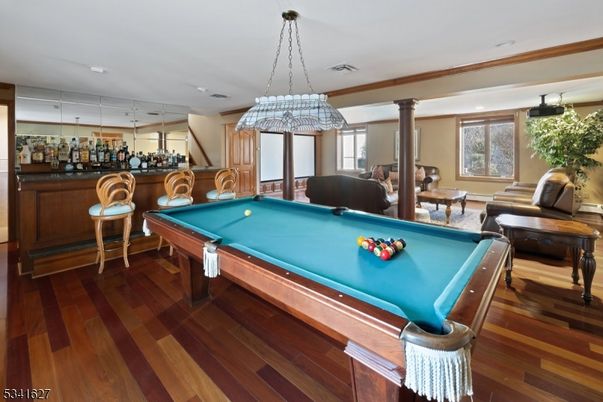 Billiard Table, Game Room, Interior, Pendant Lights, Recessed Lighting, Wood Texture Flooring