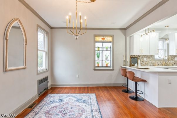Chandelier, Interior, Kitchen, Pendant Lights, Recessed Lighting, Wood Texture Flooring