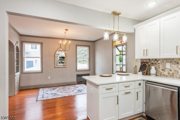 Chandelier, Interior, Kitchen, Pendant Lights, Recessed Lighting, Stainless Steel Appliances, Wood Texture Flooring