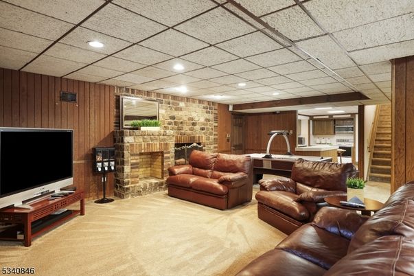 Fireplace, Interior, Kitchen, Living room, Recessed Lighting, Stone Walls, Wooden Walls