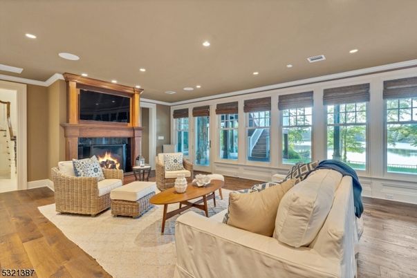 Fireplace, Interior, Living room, Recessed Lighting, Wood Texture Flooring