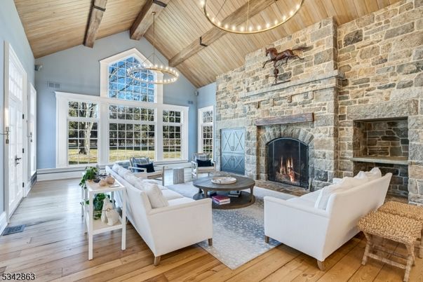 Chandelier, Fireplace, Interior, Living room, Pendant Lights, Stone Walls, Wooden Beams, Wooden Ceilings, Wood Texture Flooring