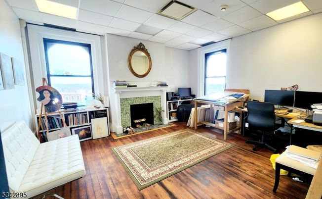 Fireplace, Home Office, Interior, Recessed Lighting, Wood Texture Flooring