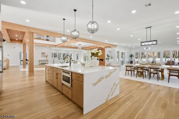 Dining room, Interior, Kitchen, Pendant Lights, Recessed Lighting, Stainless Steel Appliances, Wooden Beams, Wooden Ceilings, Wood Texture Flooring