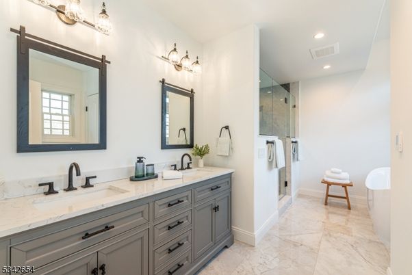 Bathroom, Dual Sink Vanities, Glass Shower, Interior, Recessed Lighting