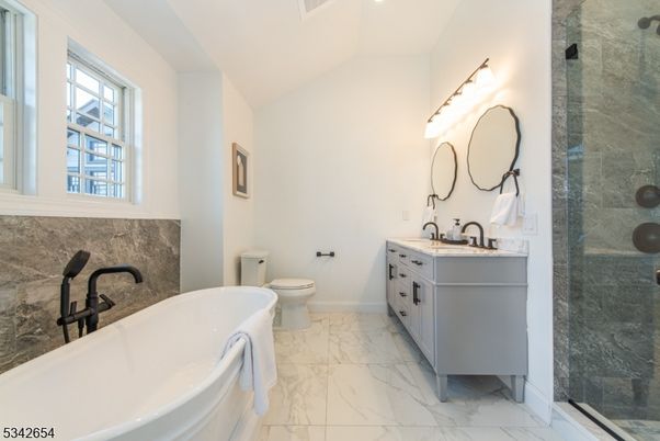 Bathroom, Dual Sink Vanities, Free Standing Baths, Glass Shower, Interior, Marble