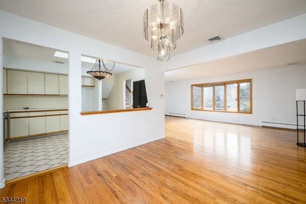 Chandelier, Empty room, Interior, Kitchen, Wood Texture Flooring