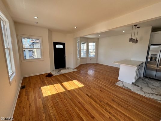 Empty room, Interior, Kitchen, Marble, Recessed Lighting, Wood Texture Flooring