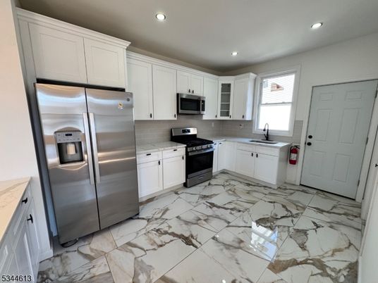 Interior, Kitchen, Marble, Recessed Lighting, Stainless Steel Appliances