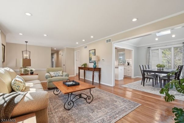 Dining room, Interior, Living room, Pendant Lights, Recessed Lighting, Wood Texture Flooring