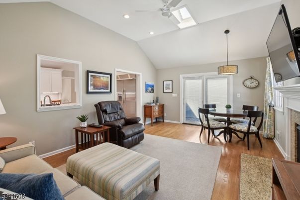 Dining room, Fireplace, Interior, Pendant Lights, Recessed Lighting, Wood Texture Flooring