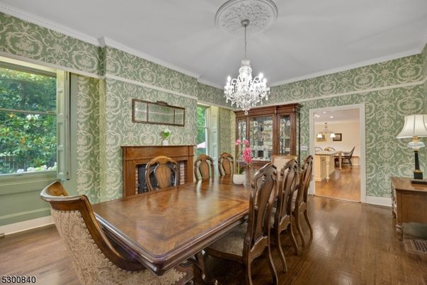 Chandelier, Dining room, Fireplace, Interior, Wood Texture Flooring
