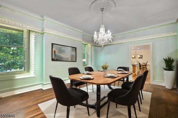 Chandelier, Dining room, Interior, Wood Texture Flooring