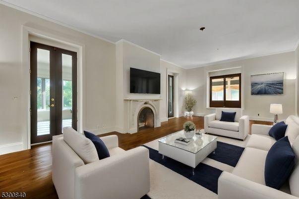 Fireplace, Interior, Living room, Recessed Lighting, Wood Texture Flooring
