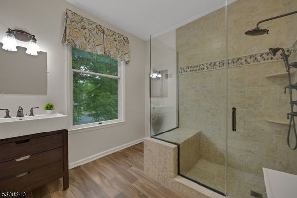 Bathroom, Glass Shower, Interior, Wood Texture Flooring