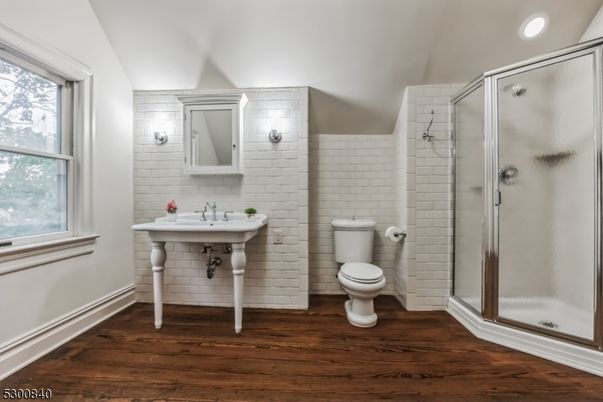 Bathroom, Glass Shower, Interior, Recessed Lighting, Wood Texture Flooring
