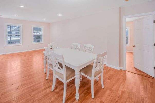 Dining room, Interior, Recessed Lighting, Wood Texture Flooring
